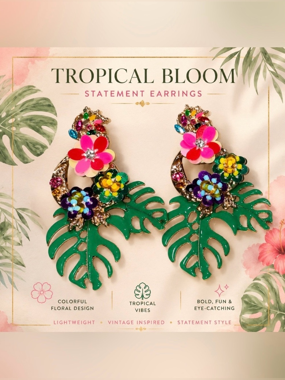Tropical Bloom Statement Earrings Colorful Floral Dangle